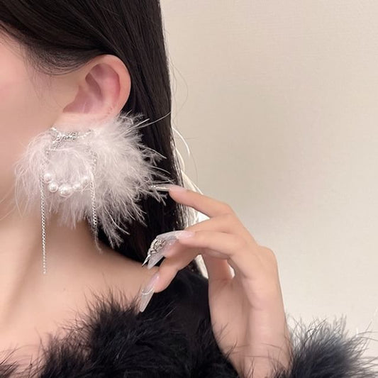 Stud Feather Earring Faux Pearl