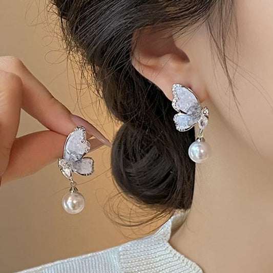Earring Butterfly Pearl Alloy Crystal Drop Faux