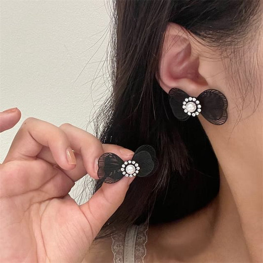 Faux Alloy Stud Earring Bow Pearl