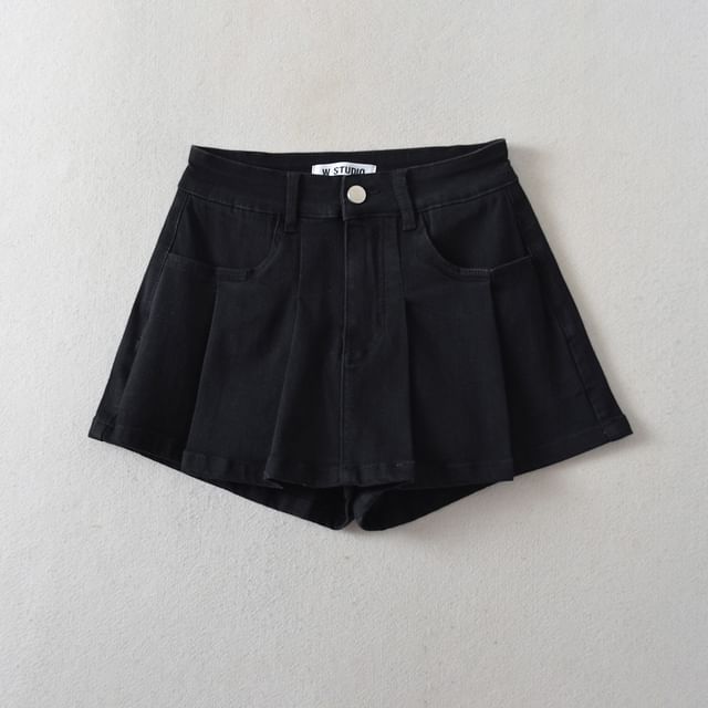 Mid Waist Washed Denim Mini Skorts