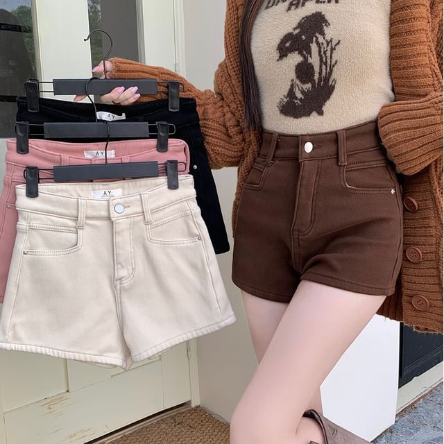Mid Waist Fleece Denim Shorts