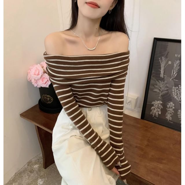 Long-Sleeve Striped Top Knit Slim-Fit