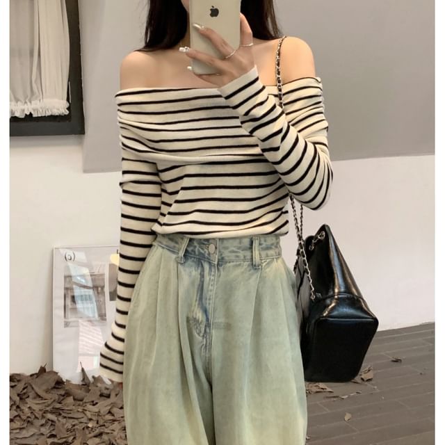 Long-Sleeve Striped Top Knit Slim-Fit