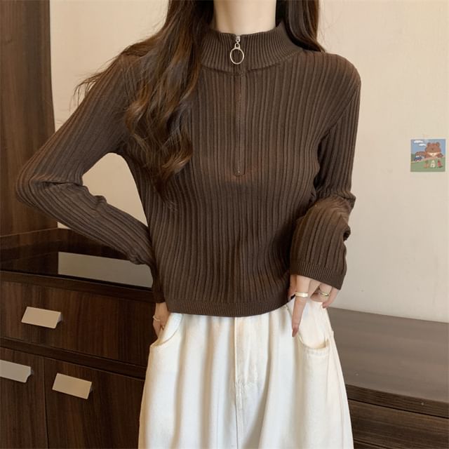 Long-Sleeve Plain Slim-Fit Half Knit Top Zip Mock-Neck