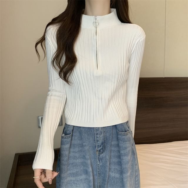 Long-Sleeve Plain Slim-Fit Half Knit Top Zip Mock-Neck