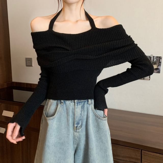 Off-Shoulder Long-Sleeve Halter Sweater