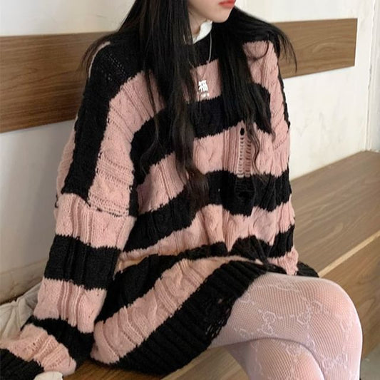 Neck Distressed Crew Cable Striped Sweater Knit