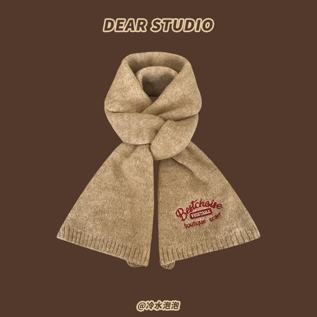 Lettering Embroidered Knit Scarf