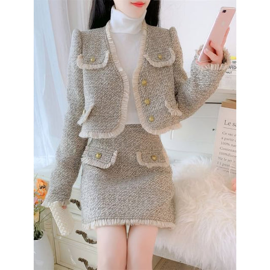 Set: V-Neck Tweed Frayed Button-Up Crop Jacket + High Waist Mini Pencil Skirt