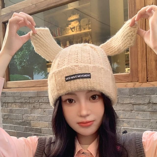 Applique Beanie Lettering Rabbit Knit Ear