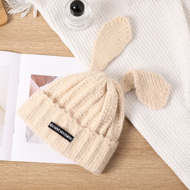 Applique Beanie Lettering Rabbit Knit Ear