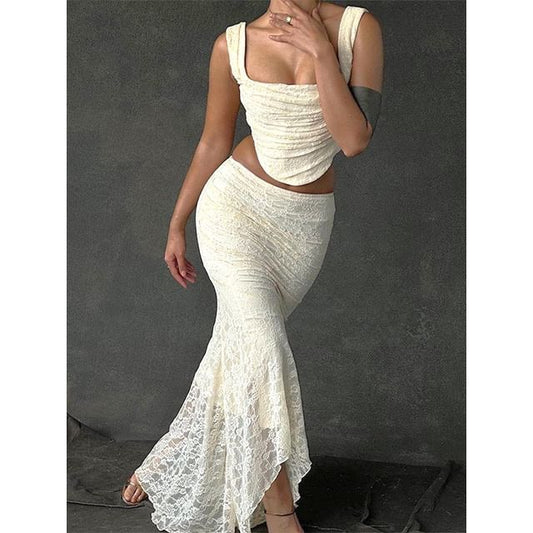 Square Neck Plain Crop Tank Top / High Waist Lace Maxi Mermaid Skirt
