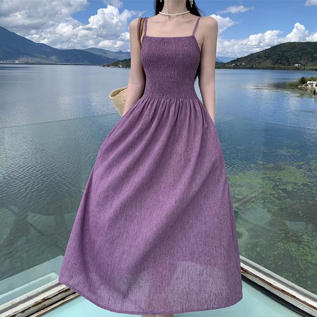 Strap Spaghetti A-Line Plain Dress Midi