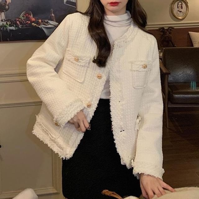 Plain Fringed Tweed Button Jacket