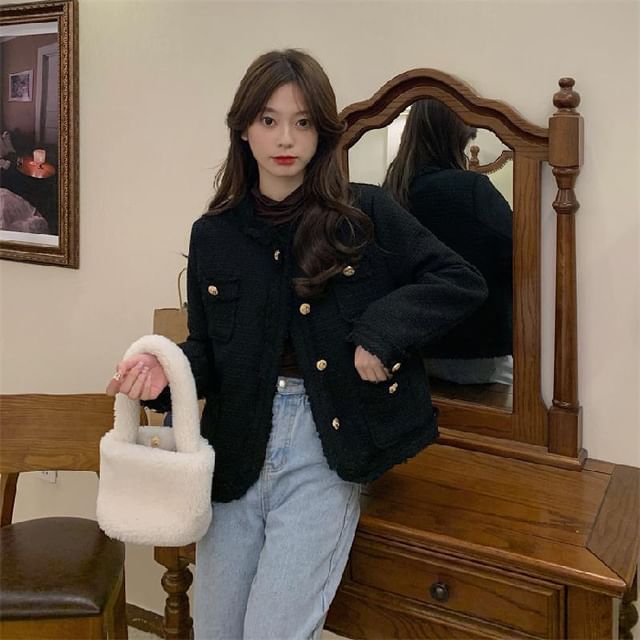 Plain Fringed Tweed Button Jacket