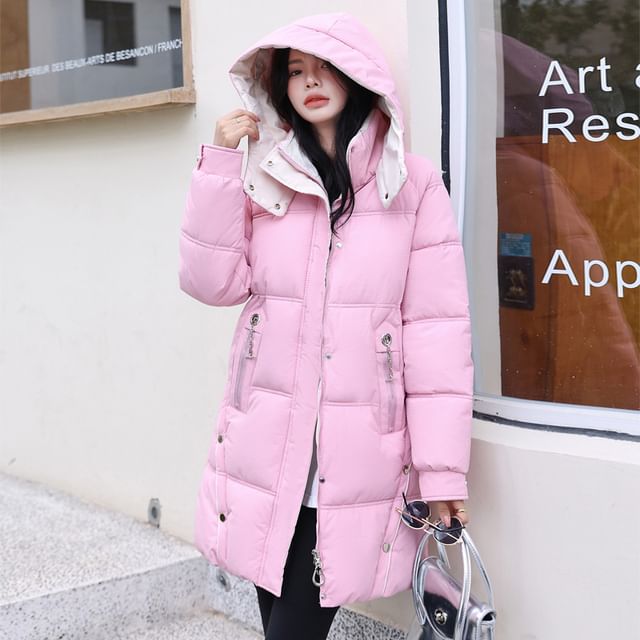 Hooded Two Tone Plain Puffer Coat