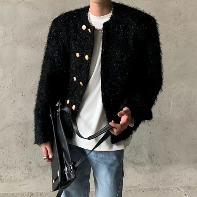 Crew Neck Plain Tweed Double-Breasted Jacket