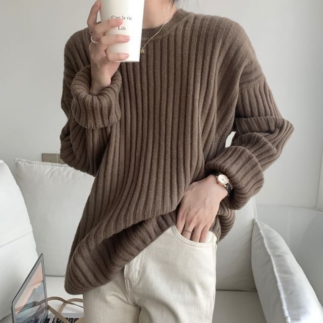 Neck Ribbed Sweater Plain Crew