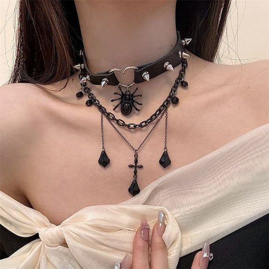 Faux Leather Choker Layered Chained