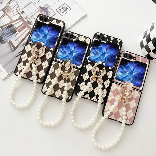 Phone Pearl Case Faux Strap Argyle