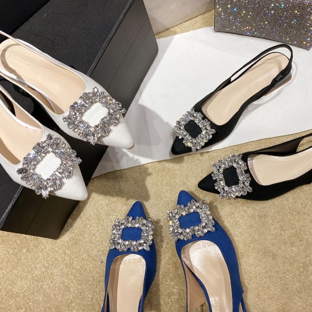 Sandals Slingback Chunky Rhinestone Pointed Heel