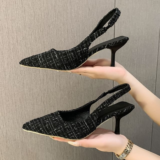 Sandals Heel Pointed Kitten Slingback Plaid