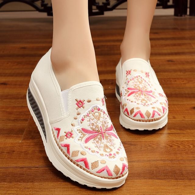 Platform Embroidered Slip Ons