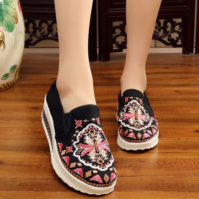 Platform Embroidered Slip Ons