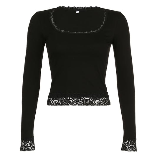 Long-Sleeve Square-Neck Lace Cropped Top