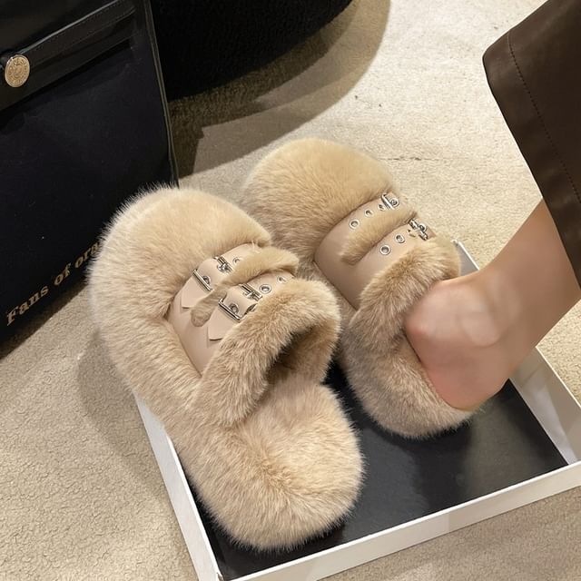 Buckled Fleece Platform Sandals