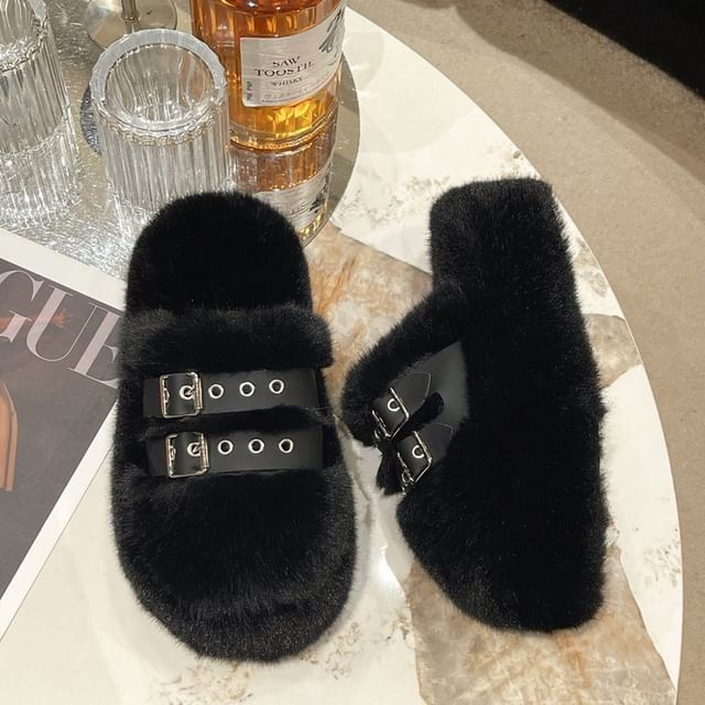 Buckled Fleece Platform Sandals