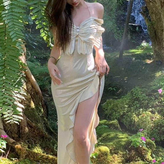 Halter Neck Knot Front Plain Maxi Sheath Dress