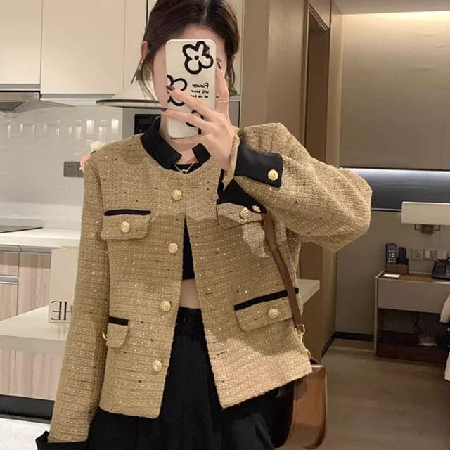 Tweed Plaid Button-Up Jacket