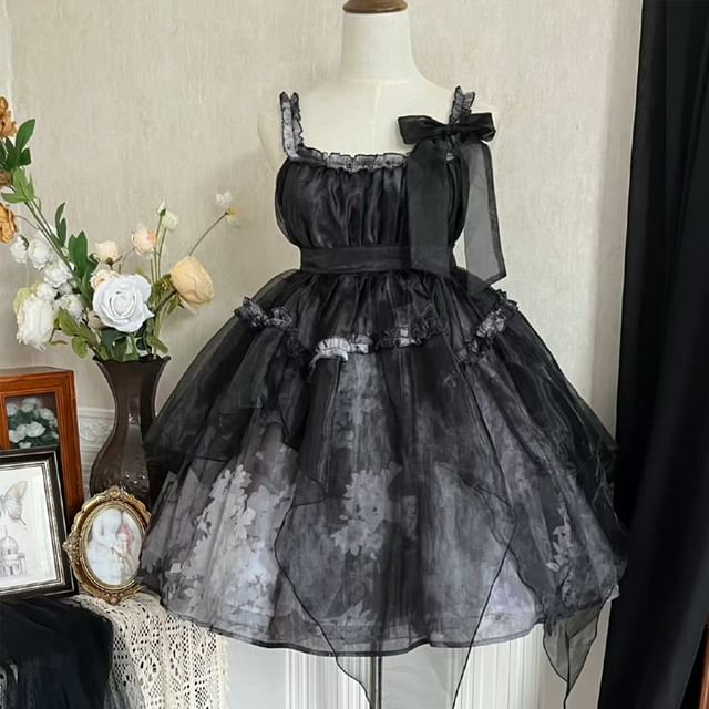 Lolita Cinched Sleeve Stand Collar Plain Bow Ruffle Blouse / Sleeveless Square Neck Floral Print Bow Mesh A-Line Dress / Set