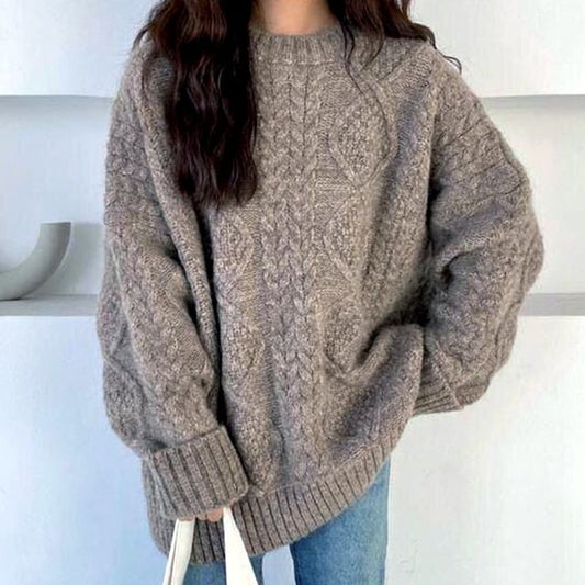 Knit Plain Long-Sleeve Cable Sweater Crew Neck