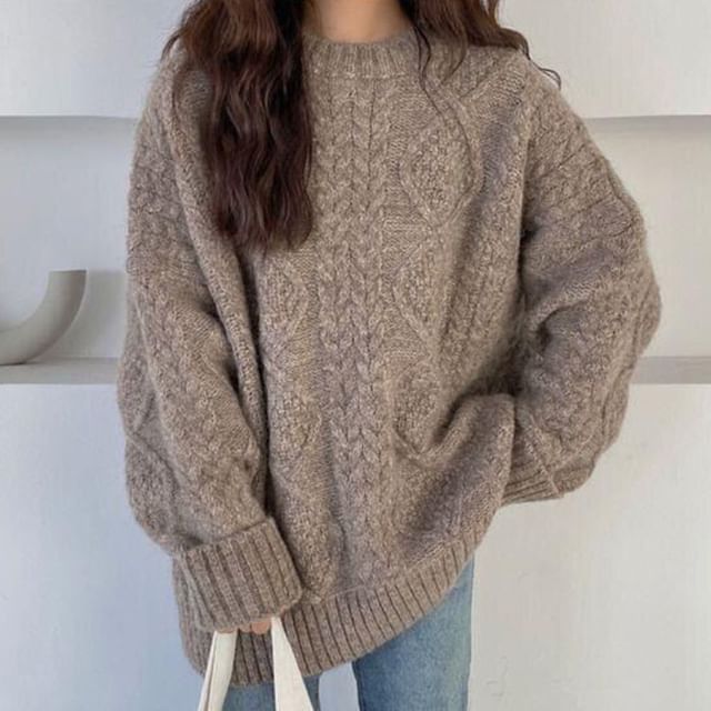 Knit Plain Long-Sleeve Cable Sweater Crew Neck