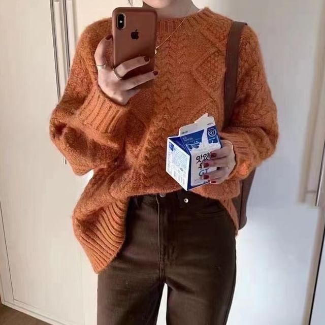 Knit Plain Long-Sleeve Cable Sweater Crew Neck