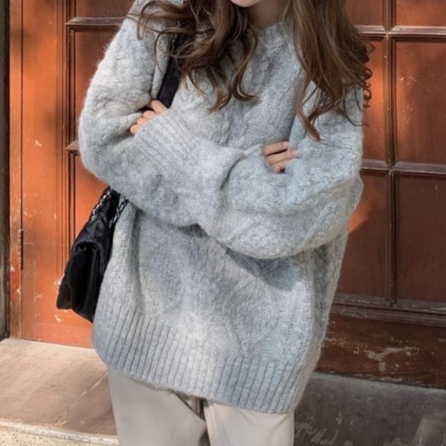 Knit Plain Long-Sleeve Cable Sweater Crew Neck