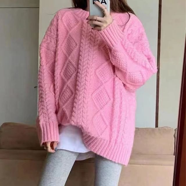 Knit Plain Long-Sleeve Cable Sweater Crew Neck