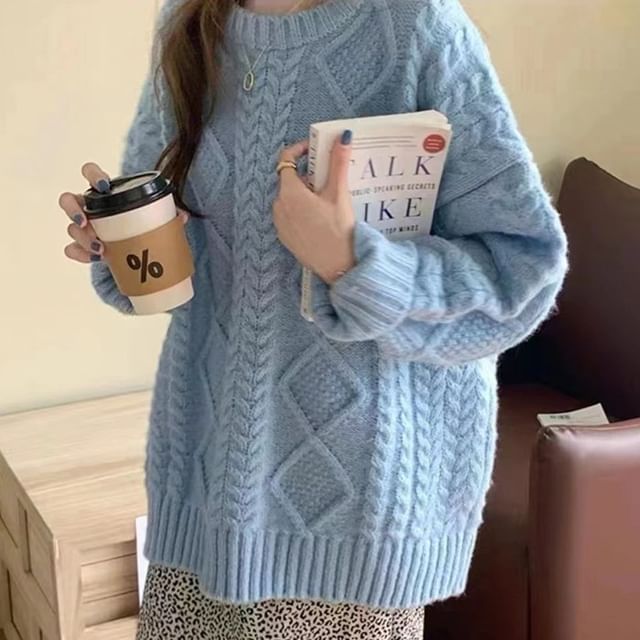 Knit Plain Long-Sleeve Cable Sweater Crew Neck