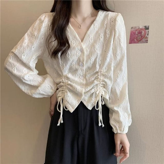 Blouse Eyelet Plain Long-Sleeve V-Neck Drawstring