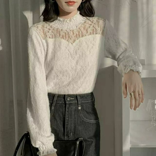 Plain Neck Top Mock Long-Sleeve Lace
