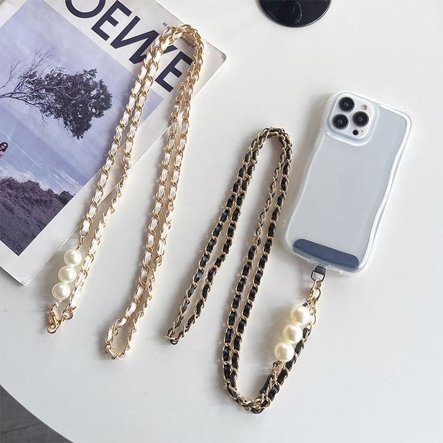 Leather Alloy Phone Pearl Lanyard Faux