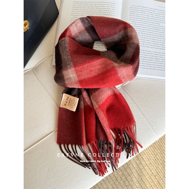 Wool Lettering Plaid Applique Fringed Scarf