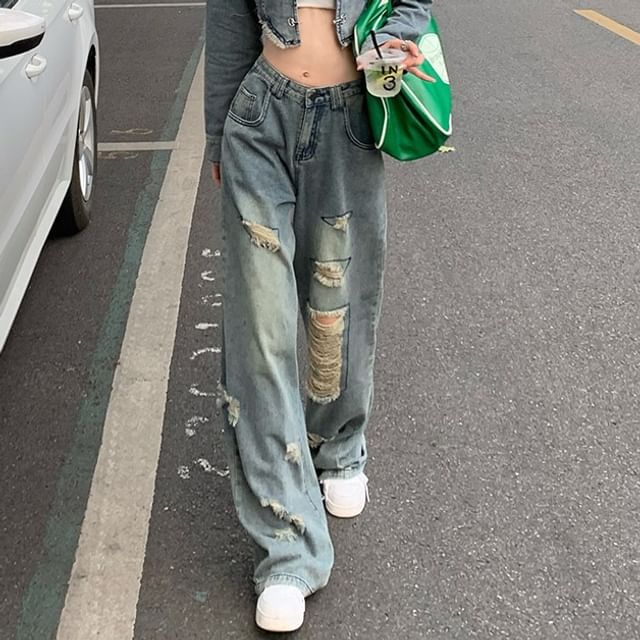 Collar Asymmetrical Fringed Washed Denim Crop Jacket / Mid Rise Distressed Wide Leg Jeans / Set