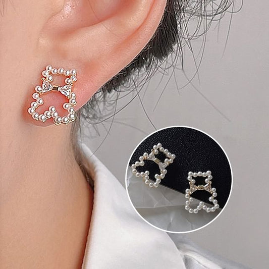Pearl Faux Bear Rhinestone Earring Clip-On