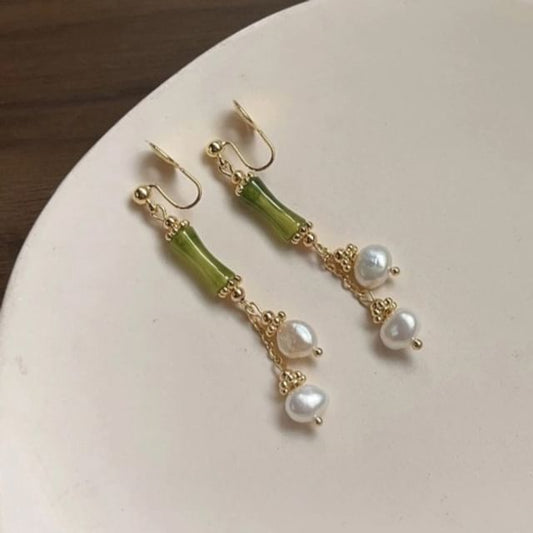 Clip-On Earring Bamboo Faux Pearl Drop
