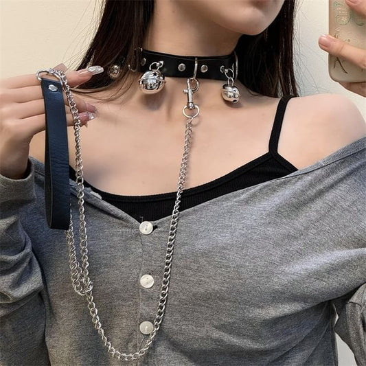 Choker Leather Faux / Bell Leash