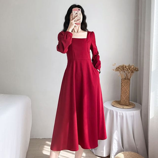 Midi A-Line Square Neck Dress Plain Long-Sleeve
