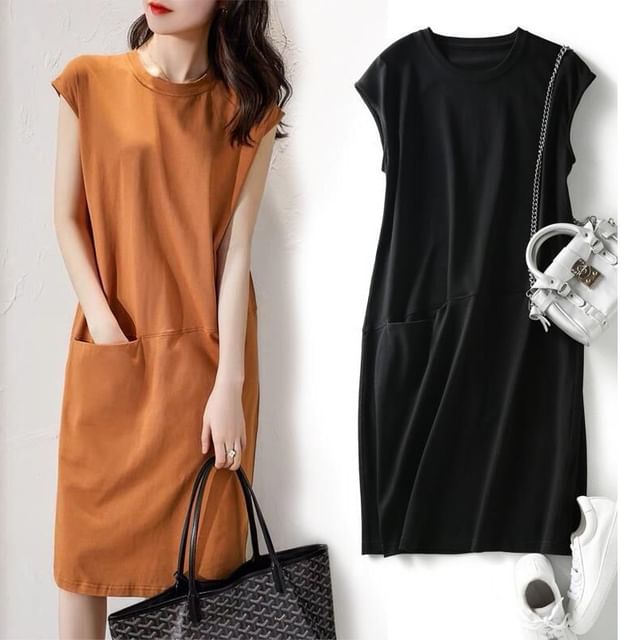 Plain Dress Neck Crew Cap-Sleeve Shift Midi